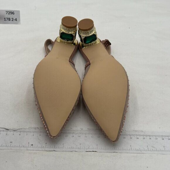 Women Pointed Toe Slingback Wedding Pumps Chunky Low Heel Rhinestone Sandals - Picture 7 of 8